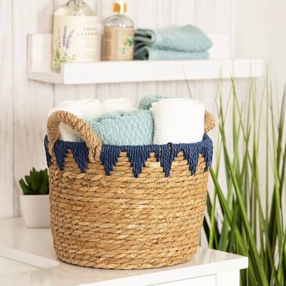 Stratton Home Decor Woven Straw Rustic Wicker Baskets Natural with Blue Accents‎ - Picture 3 of 6